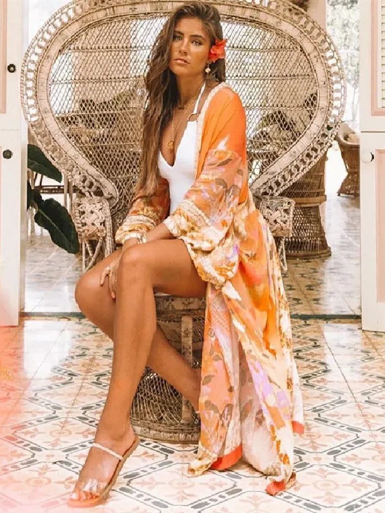 2023 Bohemian Printed Summer Beach Wear Clothing Long Kimono Autumn Plus Size Tunic Women Tops Self Belted Wrap Coat A155