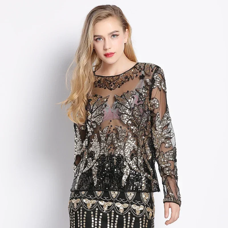 

Sexy Runway Designer Beading Sequin Shirt Top Long Sleeve Perspective Sheer Gauze Mesh Lace Blouse Women Clothing Blusa Camisa