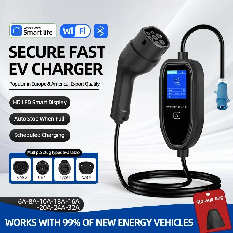 

32A 7.36KW Type2 GBT20234 Type1 TS-NACS EV Portable Charger 5M 10M Cable EVSE Charging Box Car Charger for Electric Vehicle