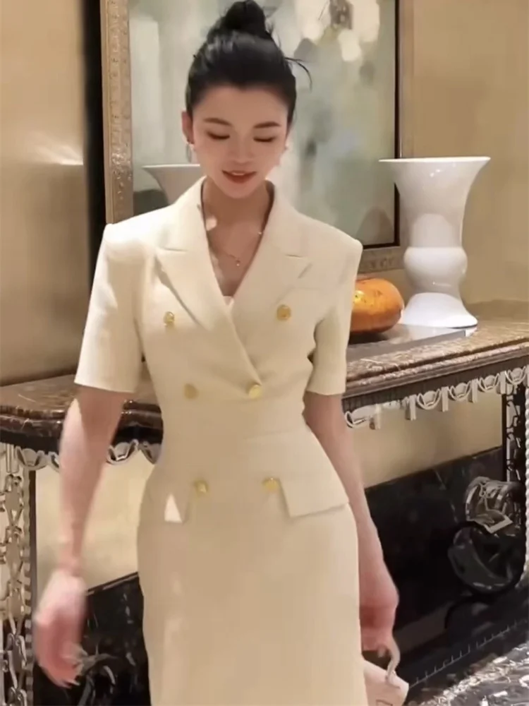 Ele Commuter Sle ort Sve 슈트 칼라 더블 버튼 허리 조임 여름 신상 여성 Dr Faionable Chic