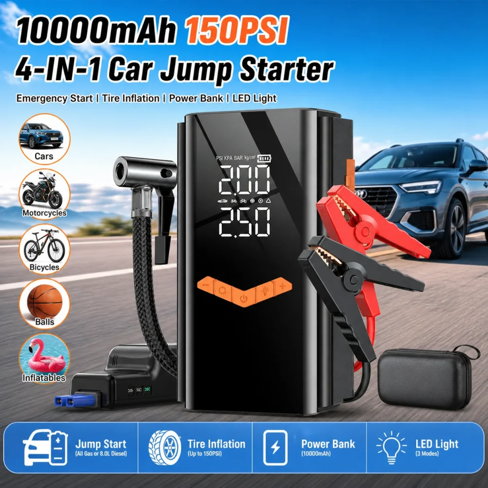 #10000mAh 150PSI  4-IN-1 Car Jump Starter With 2000A Tire Inflator Air Pump Portable Car Battery Booster Power Bank For 12V Gas