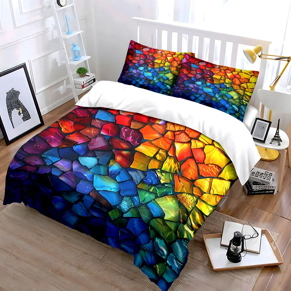 

Colorful mosaic glass pattern Bedding Set for Kids Luxury Gift 3pcs Digital Print Comforter Set Soft Comfortable Breathable