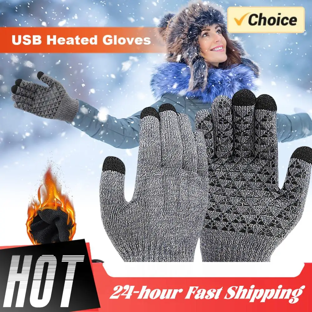 Guantes de punto con calefacción USB para invierno, guantes térmicos a prueba de viento con pantalla táctil para montar, senderismo, guantes cálidos para ciclismo con dedos completos