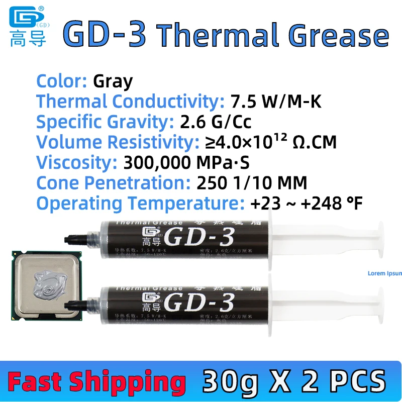 

GD-3 Thermal Paste 7.5 W Performance Thermal Conductive Grease Heat Sink Compound 30g 2 PCS For Game PC PS5 CPU GPU Cooling BX30
