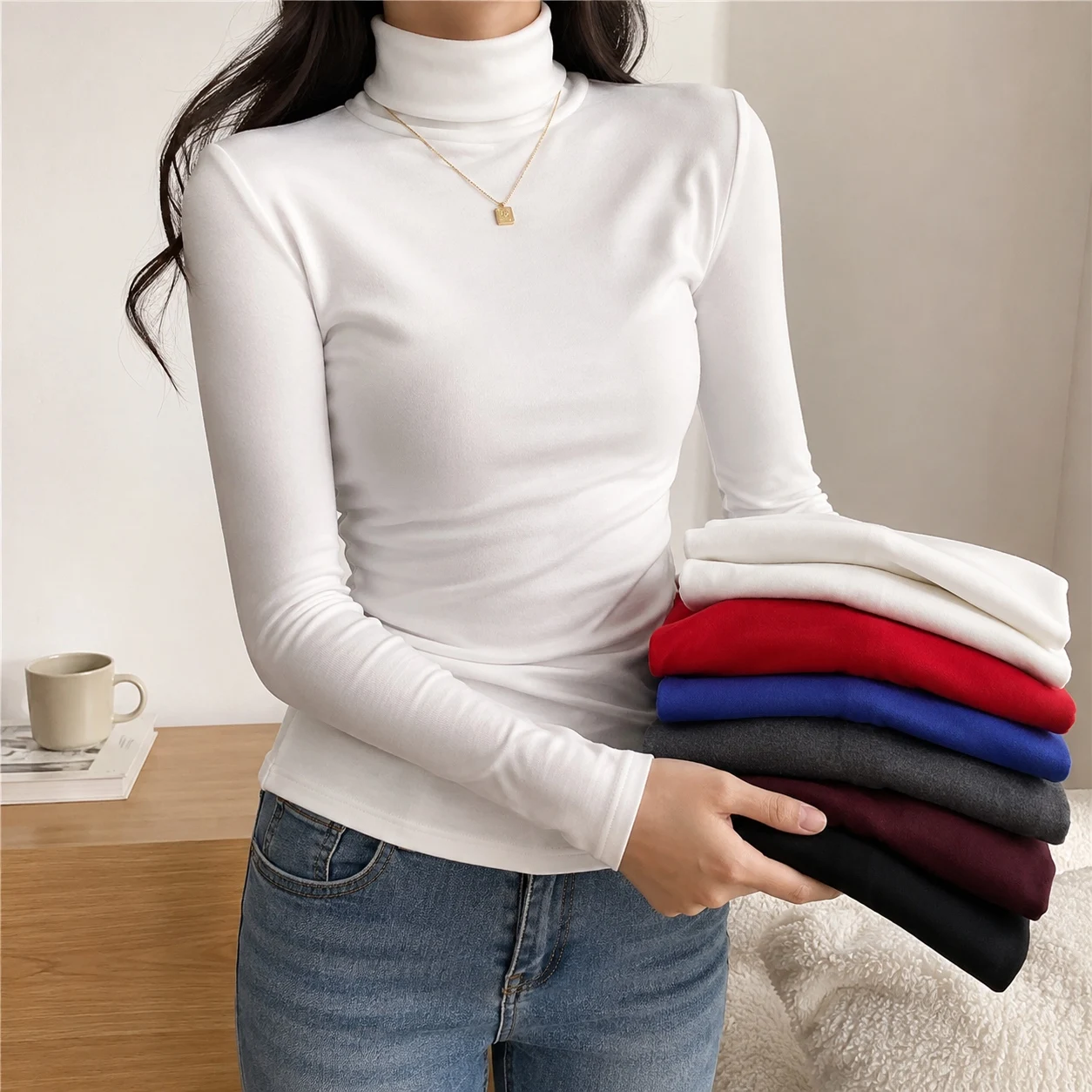 Women Thermal Turtleneck Shirt Autumn Winter Breathable Slim Fit Long Sleeve Business Casual Solid Color Base Layer Office Top