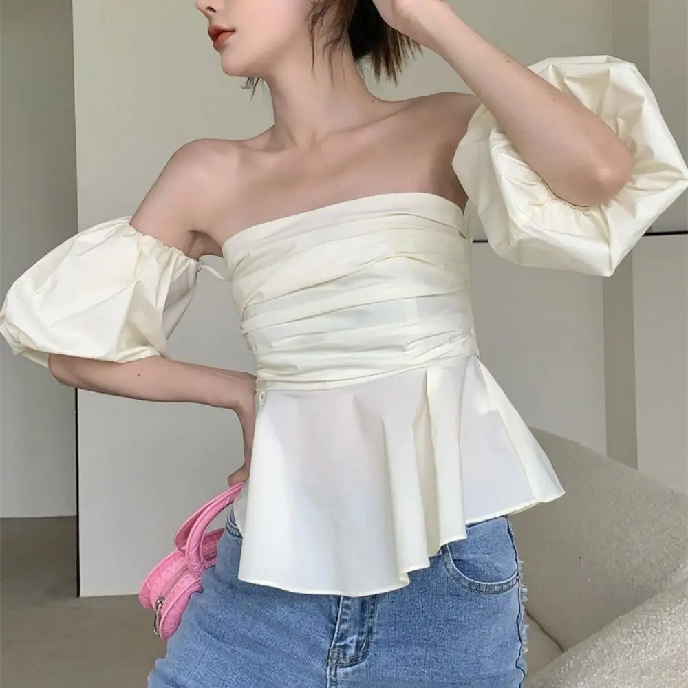 

Sweet Pleated Off Shoulder Crop Top Ins Bottoming Shirt Puff Sleeve T-shirt Sweet Slim Fit Puff Tube Top Women Summer