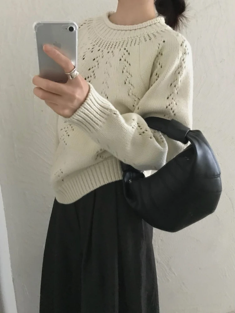 

Y2K Ретро осенние полые свитера женские новые с круглым вырезом с длинным рукавом корейская мода свободный крой вязаные пуловеры топы большого размера уличная одежда