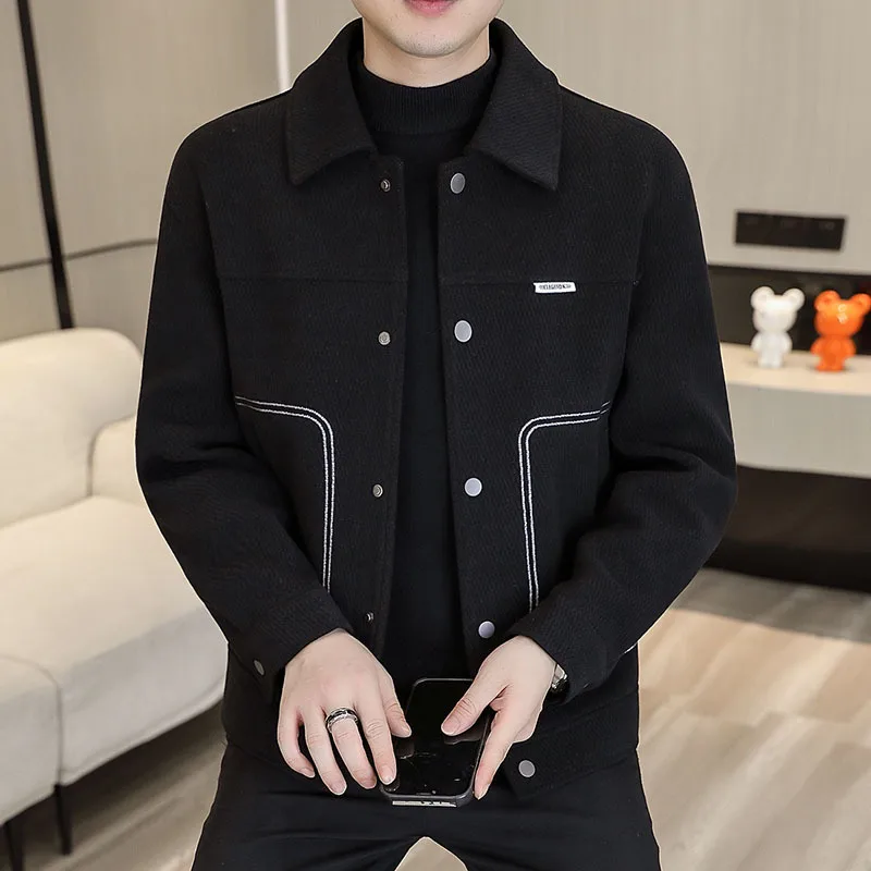 

Men's Woolen Jaet Luxury Casual Collar Flip Outerwear Lightweight Spring Autumn New Sle Upper Apparel for Middle Youth