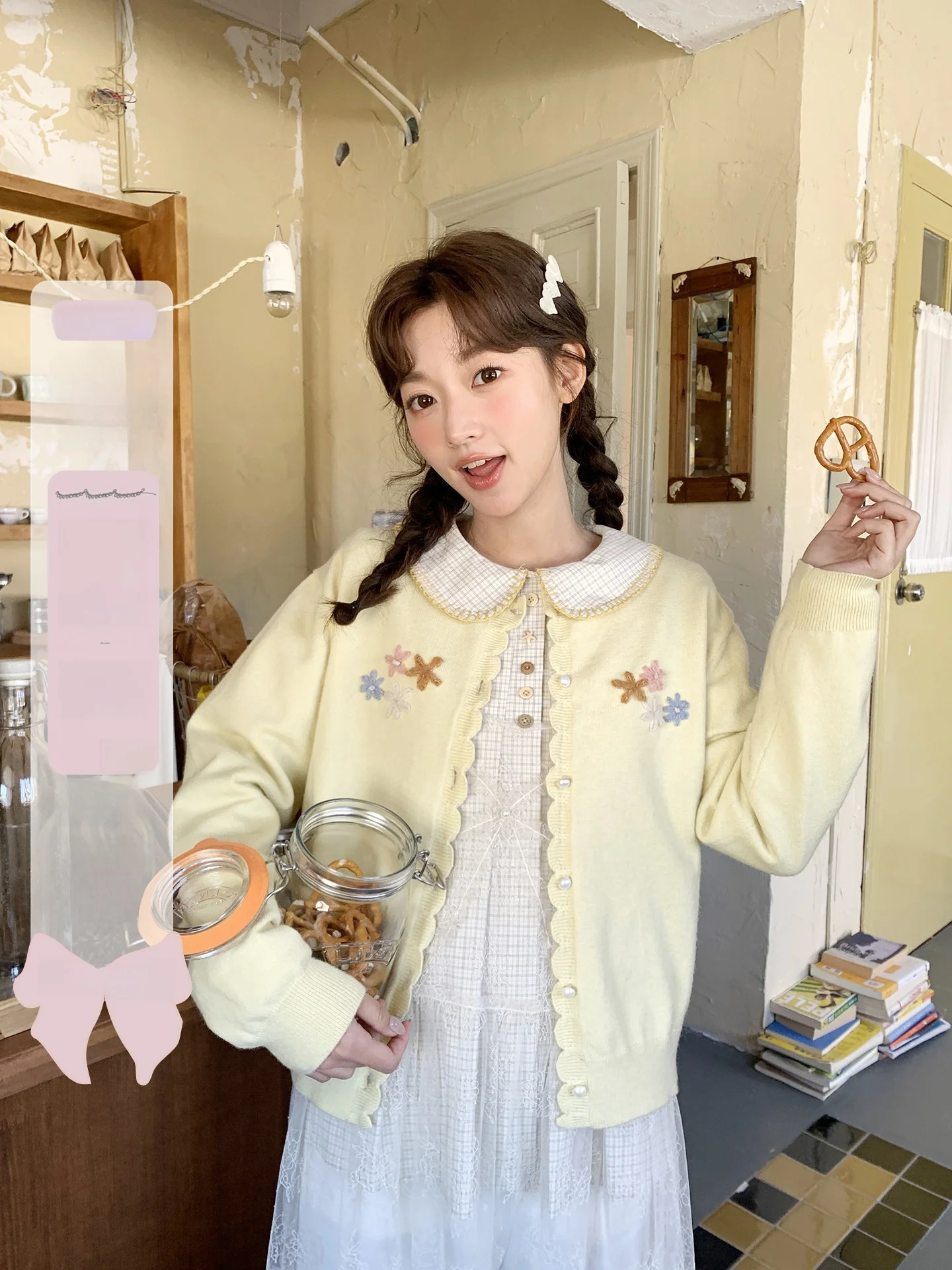 

New Spring Early Milk Yellow Lace Knitted Cardigan Women's Sweet Sle Regular Fit Long Sve Plant Floral Patterned Button up