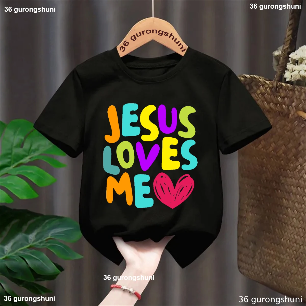 Colorful Rainbow Jesus Loves Me Heart Printed Tshirt Boys/Girls Kawaii Children'S Clothing Summer Short Sleeve Black T-Shirt