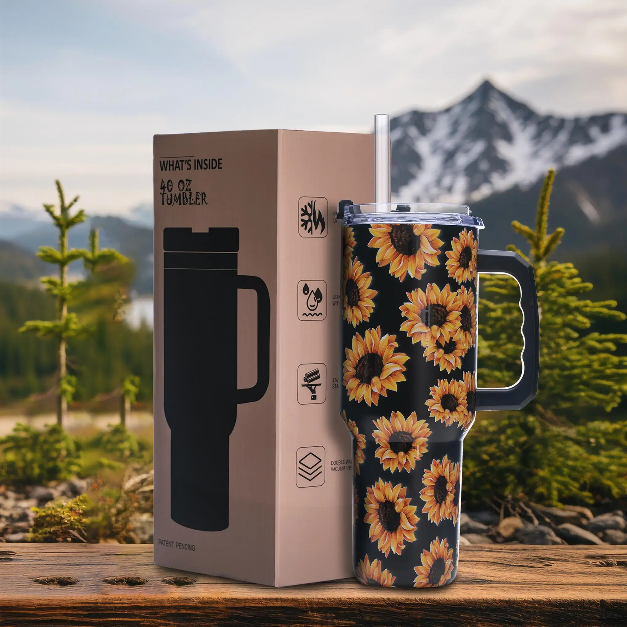 

Nature-Inspired 40oz Sunflower Tumbler – Double-Walled Stainless Steel, With Handle, Splash Guard Lid, Keeps Drinks Fresh