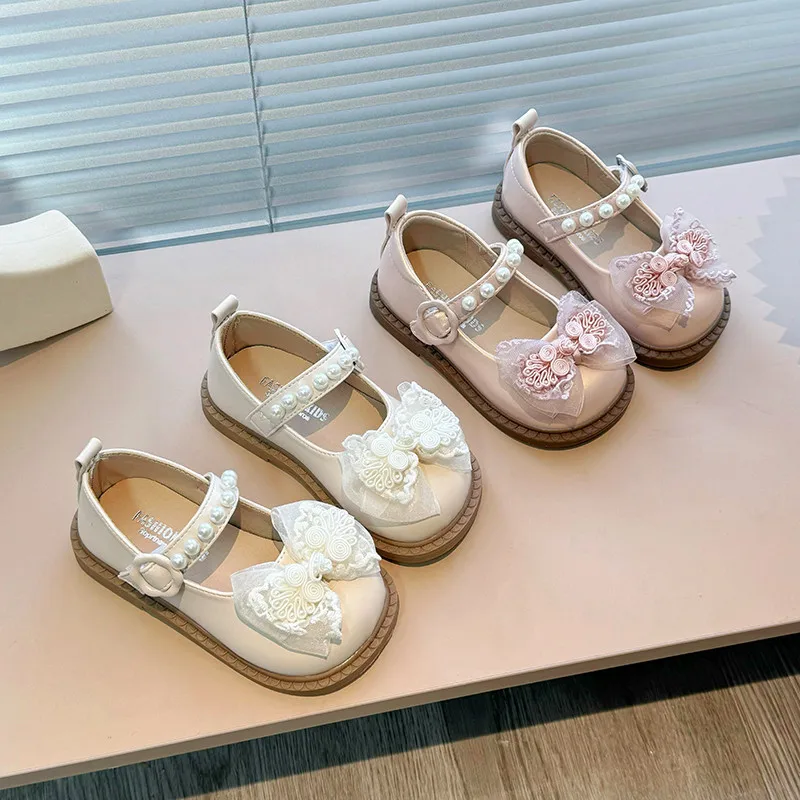 

Girls Leather Shoes for Party Wedding Kids Fashion Pearls Sweet Princess Shoes with Mesh Bow-knot Children Mary Janes Shoes