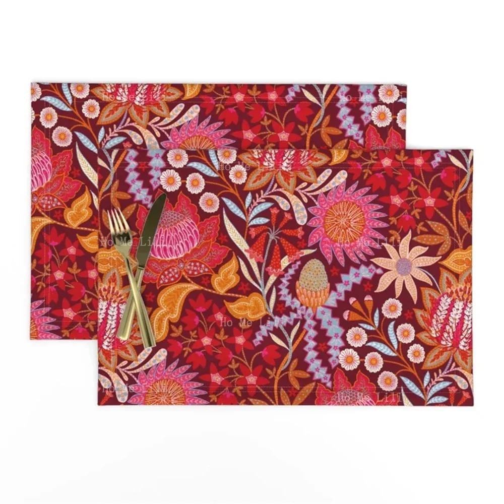 Australian Floral Paprika Orange Watercolor Flowerfield Blossoms Flowery Botanical Petals Cloth Placemats