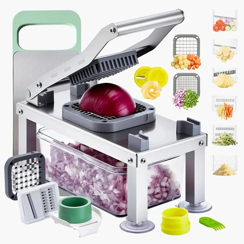 Multifunctional Manual Vegetable Dicer Stainless Steel Hand Press Fruit Chopper with Multiple Cutting Blades for Onion Potato