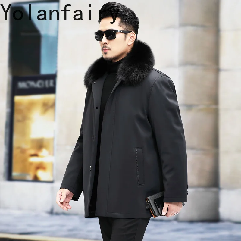 เสื้อโค้ทขนสัตว์แท้ YOLANFAIRY สำหรับผู้ชาย ฤดูหนาว บุด้วยขนกระต่ายแท้ อุ่นสบาย ความยาวปานกลาง สีดำ พร้อมปกขนสุนัขจิ้งจอก