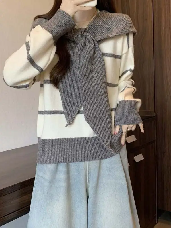 

Loose Lazy Sle round Ne Pullover Sweater Women's Design oulder Set College Sle Top Warm Thermal Long Sve Autumn Wear