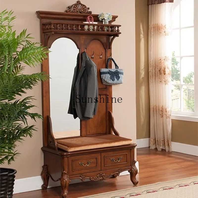 

American foyer hanger solid wood grooming mirror aisle floor shoe change stool entrance cabinet