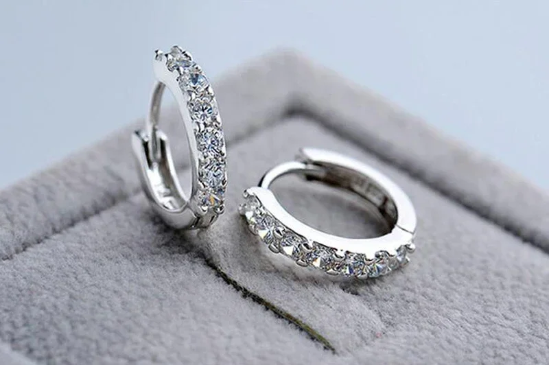 New 925 Sterling Silver Earring 10mm Circle Zircon Hoop Earring for Gril Woman Wedding Beautiful Cute Jewelry