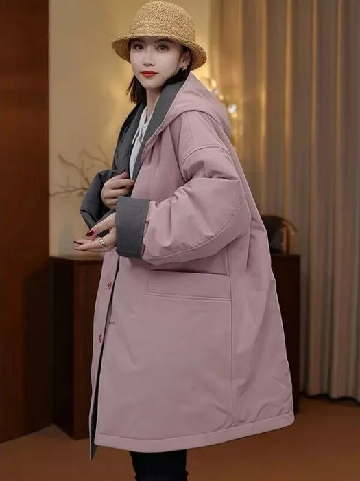 

Double-Sided Wear Cotton Jaet Hooded Mid-Length Casual Korean Sle Women's Autumn Winter New Faion Commute Straight Leg