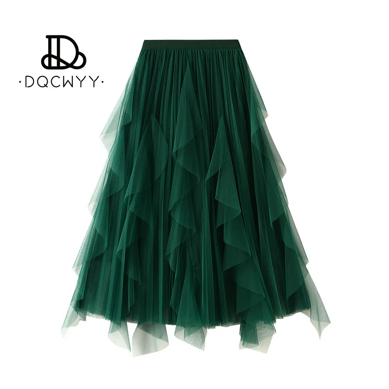 Skirt Women Spring New High Waist Ruffle Edge Splicing Mesh Women's Medium and Long Big Pendulum Pleated Skirt Woman Clothing