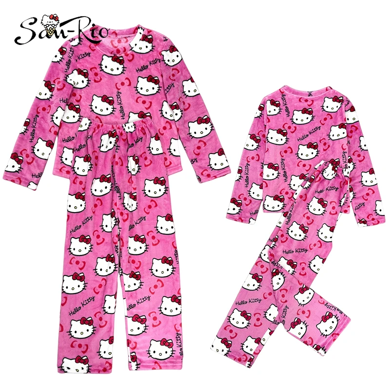 

Hello Kitty Pajamas Set Anime Female Flannel Winter Warm Sleeping Wear Cartoon Home Clothes Cozy Sleepwear Gift for Holidays