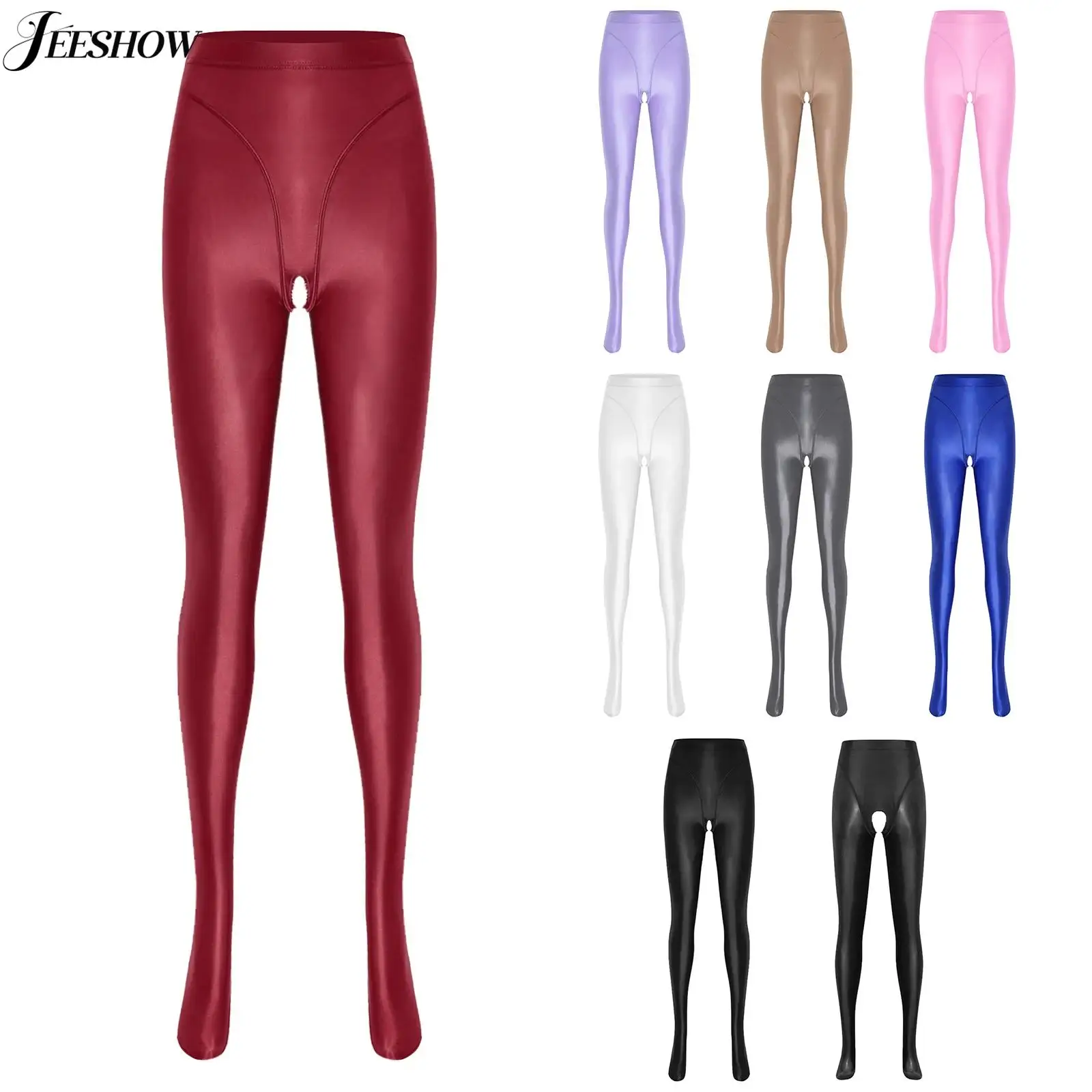 

Женские масляные блестящие глянцевые колготки с открытой промежностью, эластичные леггинсы с высокой талией, шелковистое гладкое нижнее белье, брюки, ночное белье