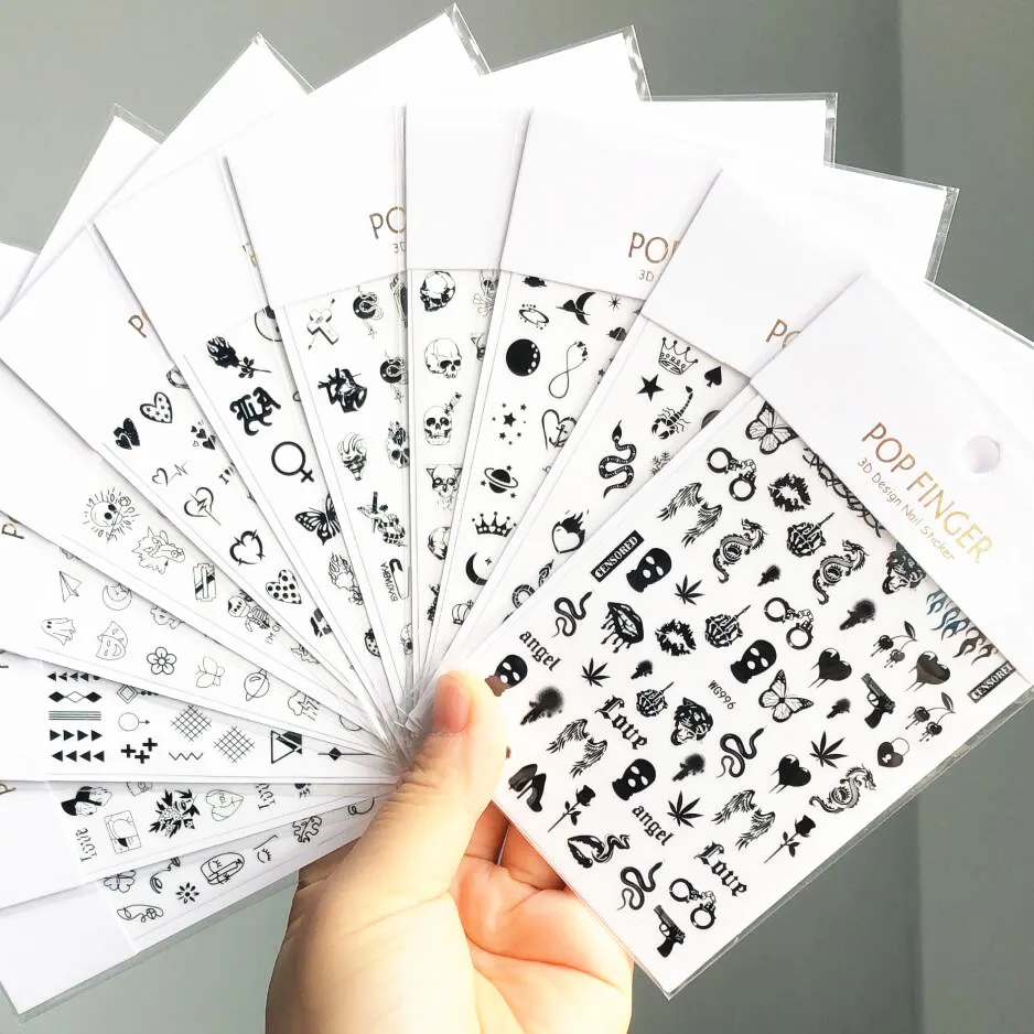 

3D Halloween Black/White/Gold Snake Line Heart Butterfly Pattern Geometric Nail Art Sticker Skull Heart Slider Decor Nail Decals