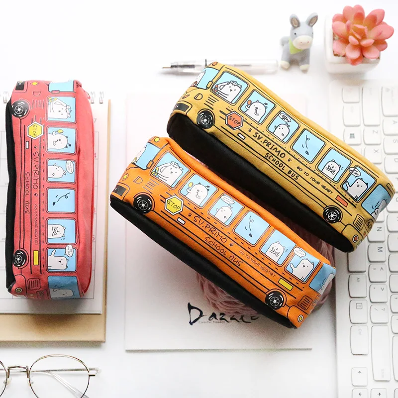 Caso Lápis de lona para Material Escolar, Papelaria Bag, Material Escolar, Ônibus, Kawaii, 1 Pc