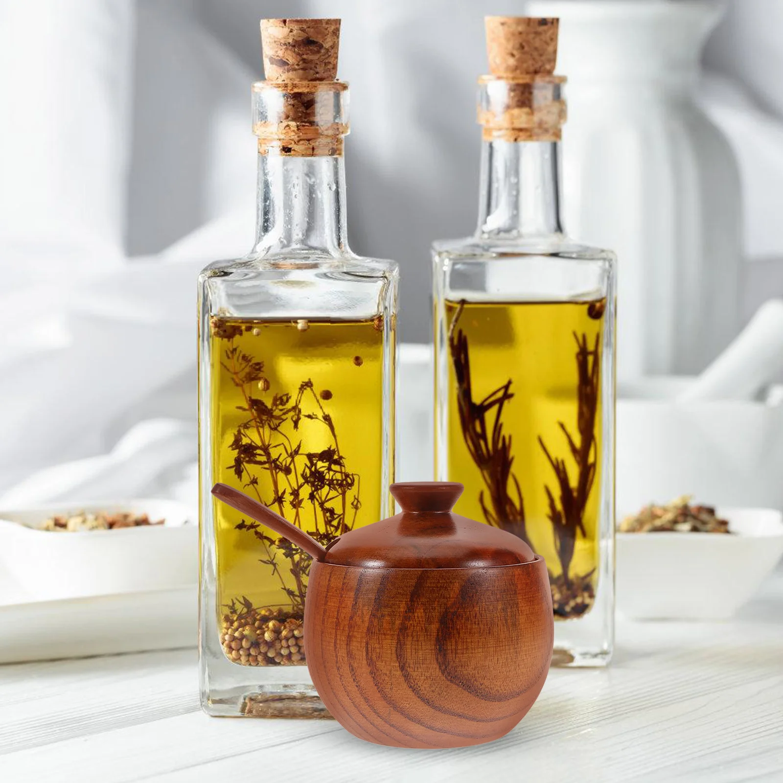 

Деревянные банки для приправ, набор деревянных соль, сахар, перец, контейнер для специй, крышка, бамбуковый кухонный органайзер для хранения, банка для трав