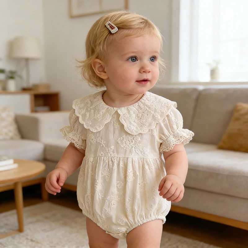 

2026 New Summer Newborn Baby Romper Short Sleeved Cotton Embroidered Korean Style Children Sweet Romper Thin Outdoor Clothes