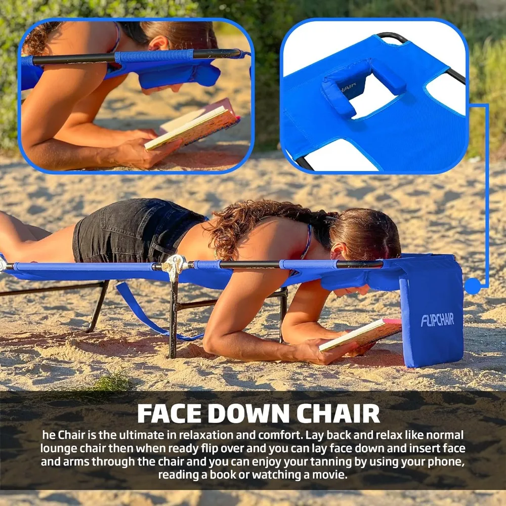 كرسي تسمير الوجه مع فتحات للوجه والذراع - 2 دعم للساق - مسند ظهر قابل للتعديل - صالة الشاطئ بخطوط زرقاء #4
