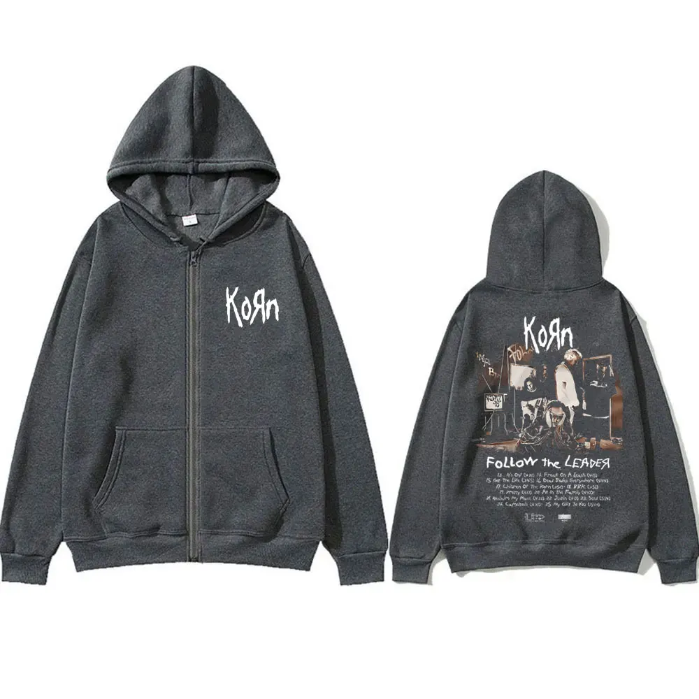 Rock Band Korn Follow The Leader Graphic Zipper Hoodie Men Rare Metal Music Zipper Sweatshirt Man Gothic Oversized Zip Up Jacket