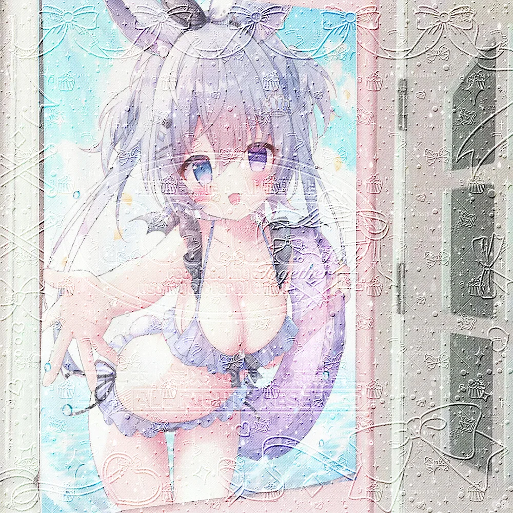 Moe Art Coquette Tapestry 『うさぎちゃん』 Pastel Bunny Girl in Ruffled Bikini, Translucent Filter Overlay, Animecore Bedroom Decor