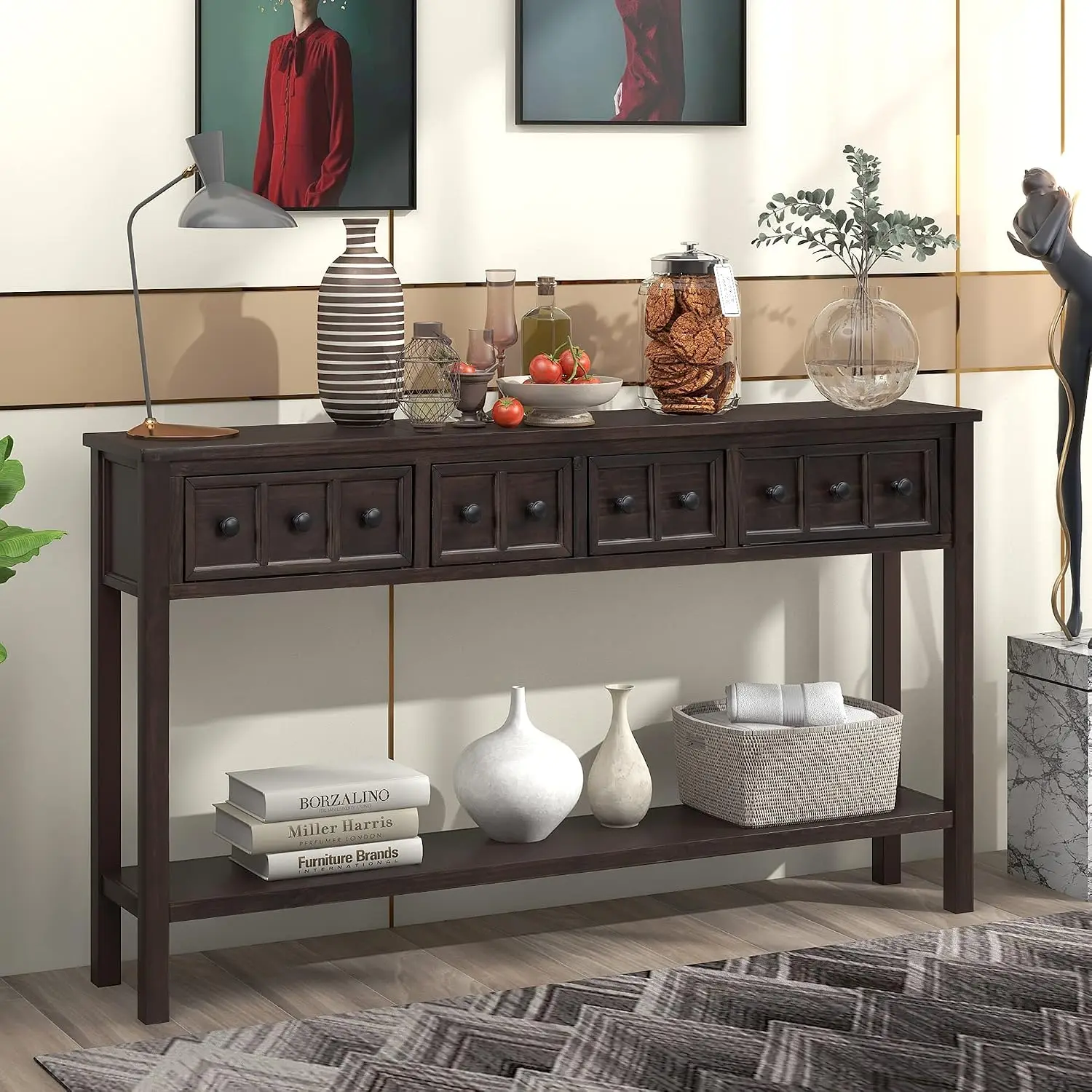Rustic Console Table with 4 Drawers & Lower Shelf, Narrow Entryway Sofa Table for Living Room Hallway, Easy Assembly, Customized