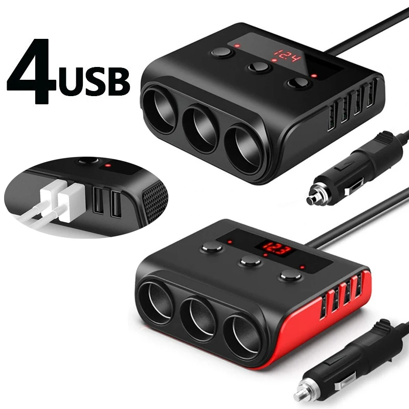 

3 Way 12V/24V Auto Sockets Car Cigarette Lighter with 5 USB Charger Splitter Lighter 5V 3.1A Output Power with Voltage Display