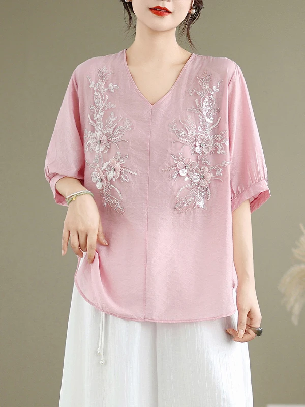 

Summer New Women's Cotton Linen Loose Fit irt V-Ne Printed Thin Retro Ethnic Sle Large Size Faionable Casual Top