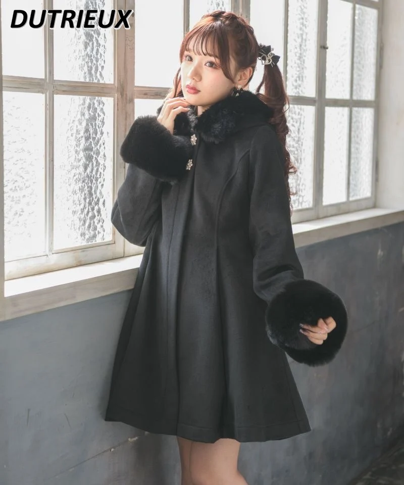 

Japanese Style Rojita Big Bow Woolen Hooded Coat Winter Elegant Sweet Solid Color Thickened Mid-length Coat Overcoat for Women