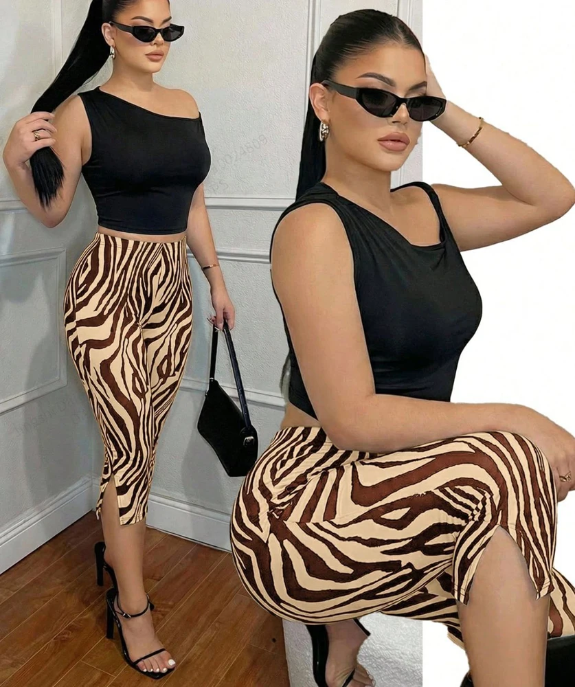 Damen Caprihose mit Zebramuster, hoher Taille, seitlichem Schlitz, enganliegend, kurz geschnitten, Y2K Bodycon Hose, Party- und Clubkleidung – Detail 3