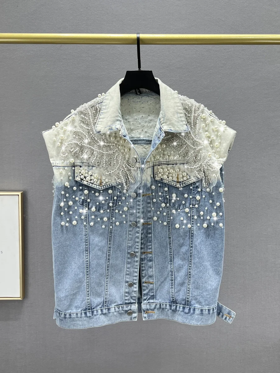 

Женская джинсовая куртка с богатой отделкой, свободного кроя, стройнящая, летняя, новинка, в уличном стиле, с воротником, на пуговицах