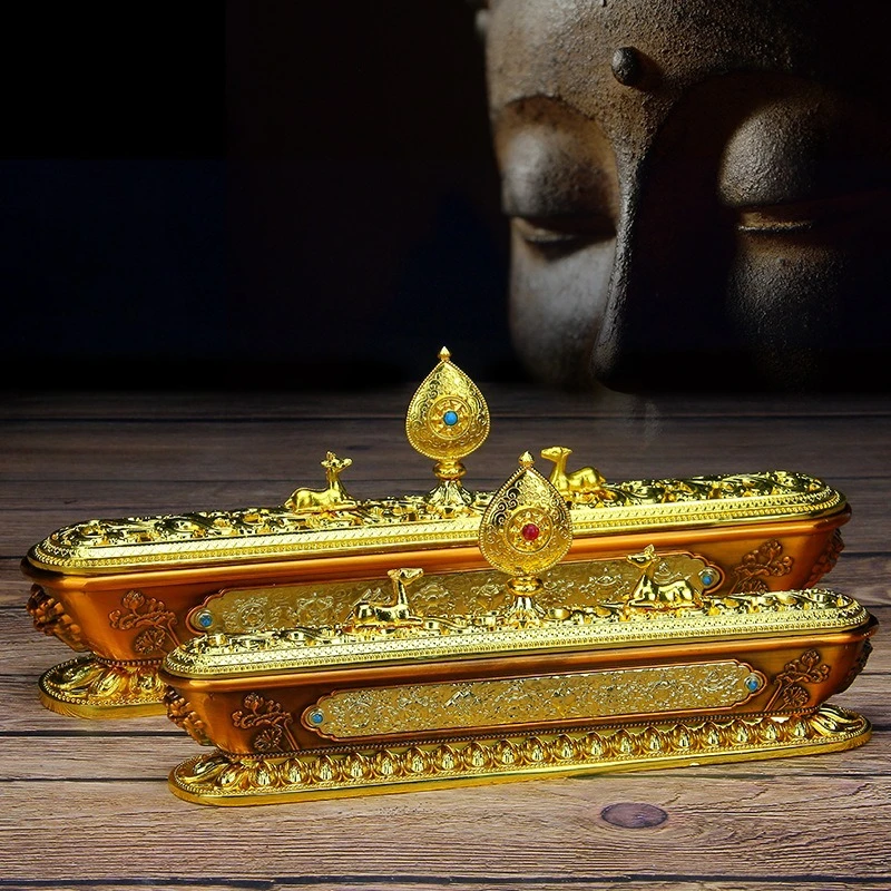 Tibetan Buddhist Incense Burner Alloy Home Use with Mantra Wheel Double Deer Design and Auspicious Eight Treasures Incense Box