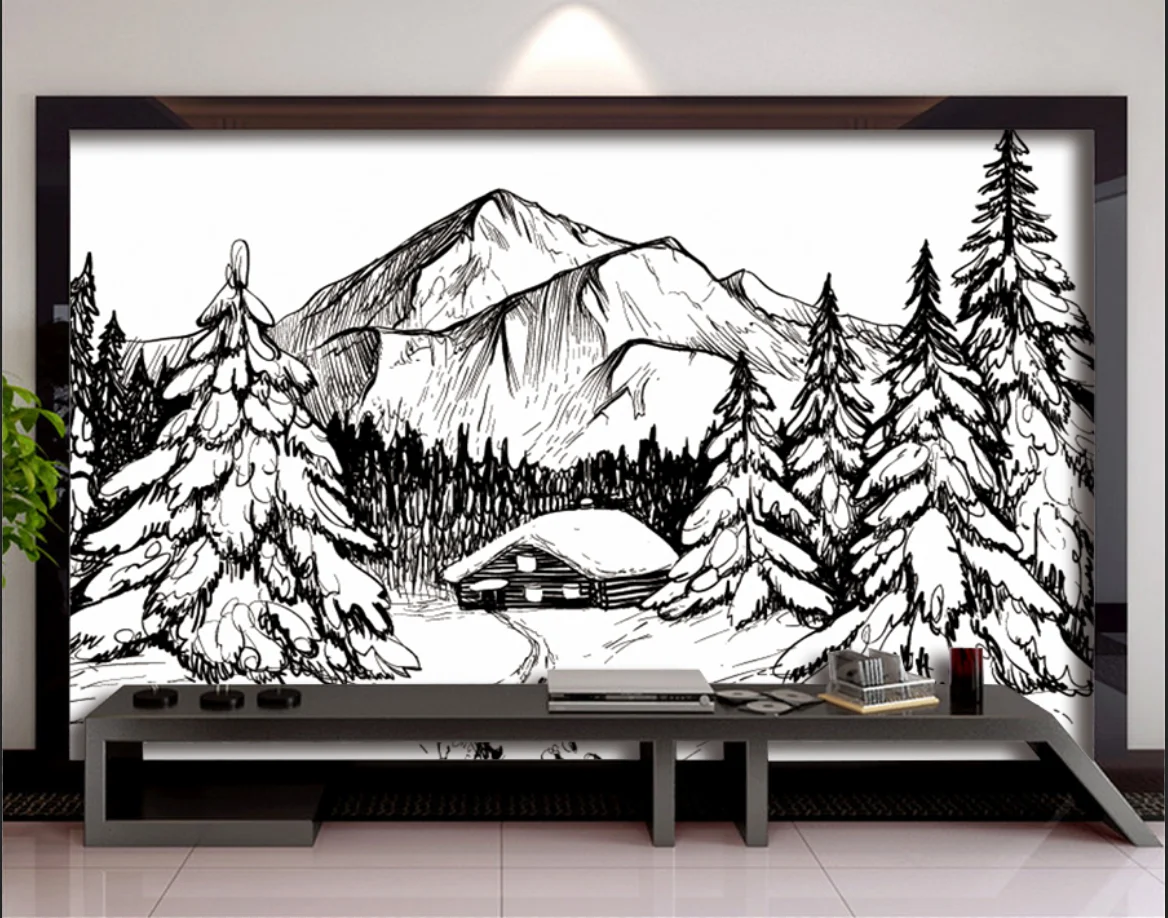 Customize any size mural Winter forest in black and white trees and houses Photo mural  Children's room wallpaper