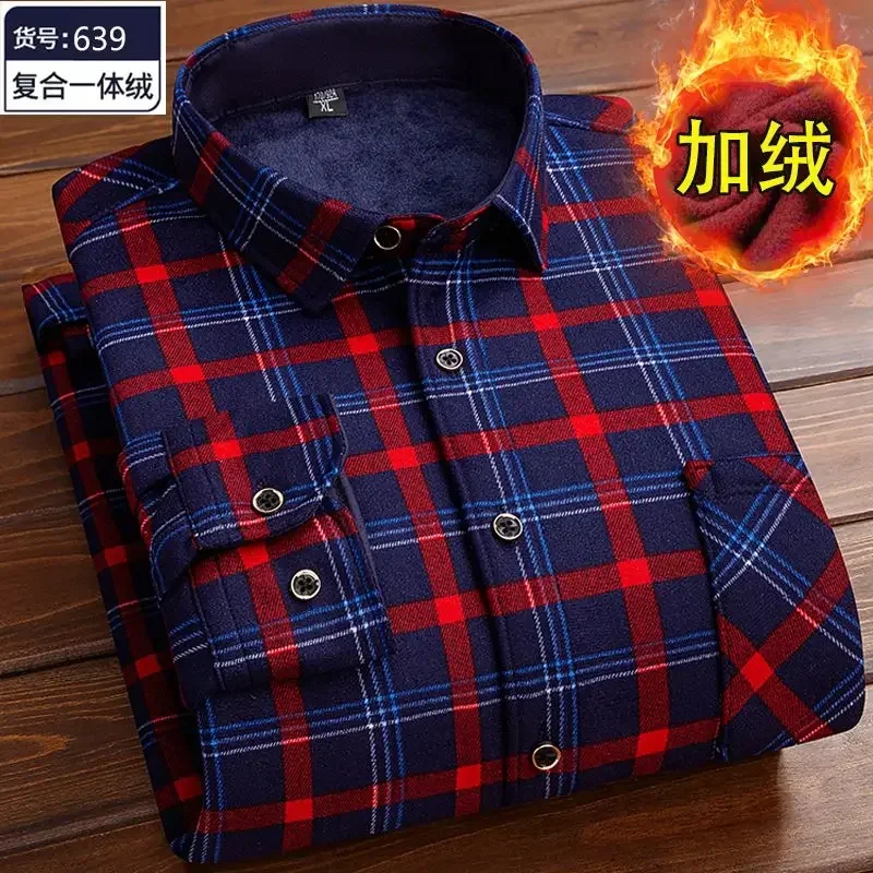 Men\'s Casual Warm Shirts Flannel Fur Lined Thick Long Sleeve Plaid Autumn Winter Shirt Comfortable High Quality Dress Shirts