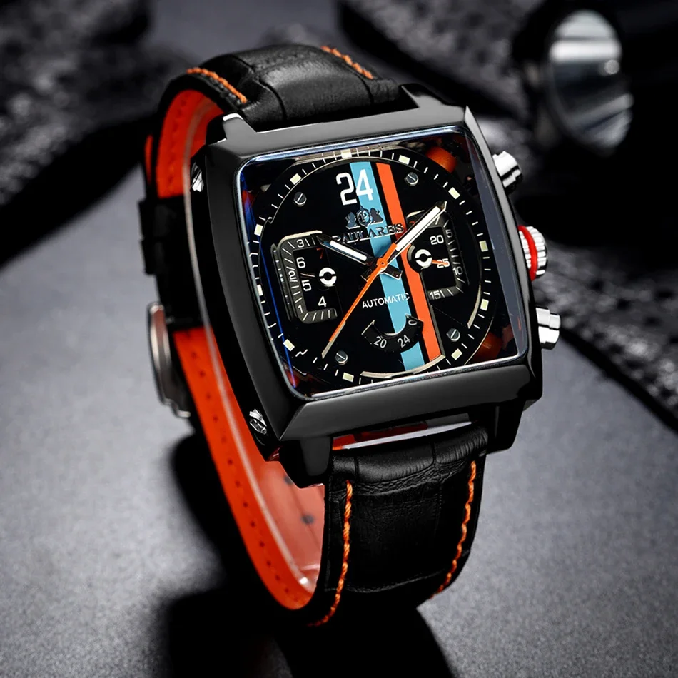 40mm Men's Automatic Mechanical Watch Perspective See Through Black Orange Leather Casual Fashion Luxury Wristwatch