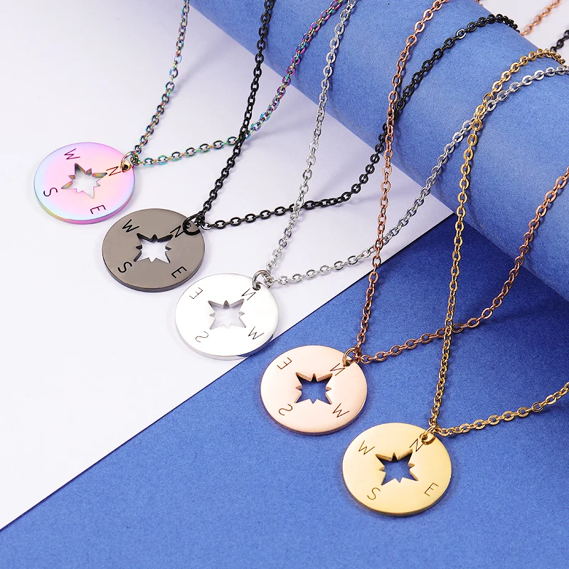 Fnixtar 10pcs/lot Stainless Steel Necklace For Women Lover's Gold And Silver Color Tiny Round Compass Handmade Necklace Jewelry