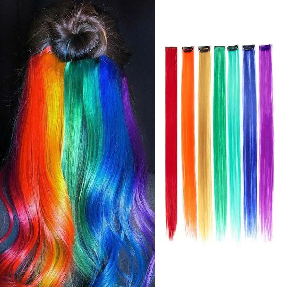 

7 Pcs Rainbow Color Block Hair Extensions, Colorful Women's Wigs, Highlight Color Straight Clip-in Hair Extensions, Daily Party