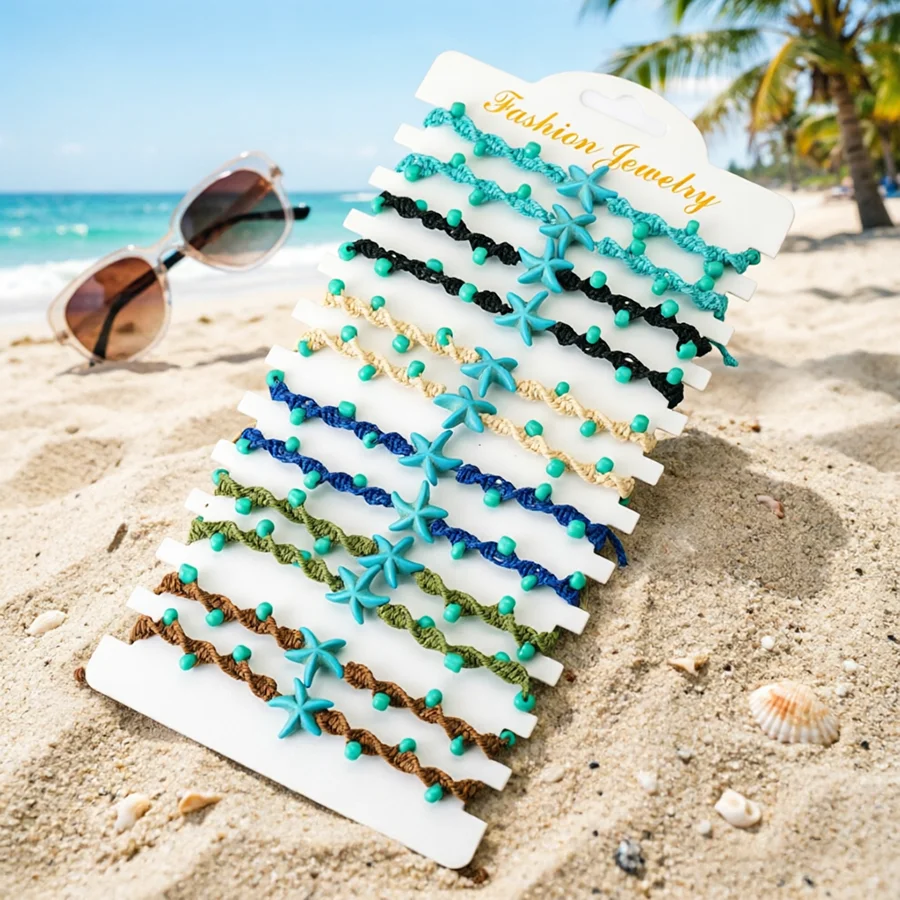 Adjustable 12Pcs/Dozen Starfish Bracelet Unisex Apparel Accessories Handmade Blue Howlite Braslet Beach Surfing Friends Jewelry