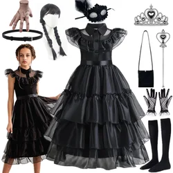 Wednesday Addams Cosplay Costume Girls Black Gothic Layers Tutu Dress Halloween Disguise Children Fancy Birthday Party Cosplay