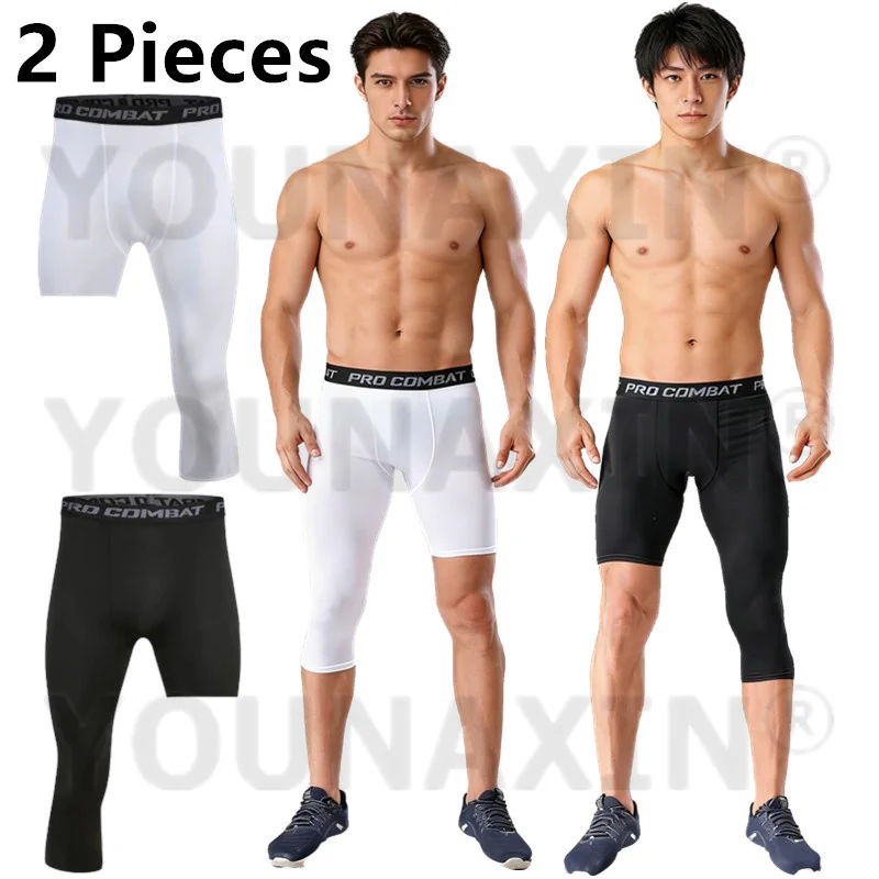 2 Pcs Men's Running Sport One Leg Leggings Gym Training Basketball Fitness Exercise Tight 3/4 Cropped Pants S M L XL 2XL 3XL
