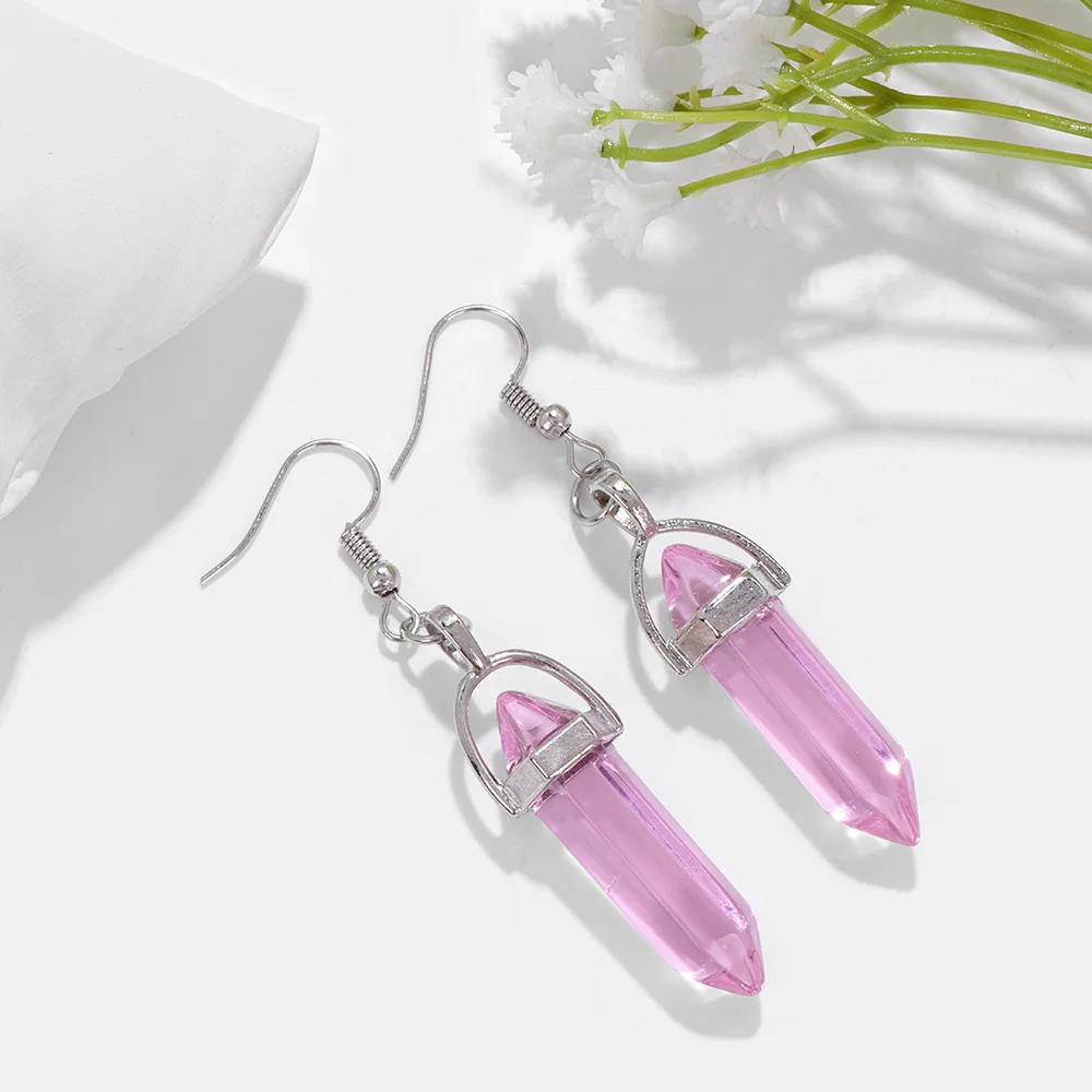 Boho naturalny kwarc kolczyki uzdrawianie Reiki sześciokątna kolumna agaty kolczyki kryształowy kamień haczyk do podwieszania krople do uszu kobiety biżuteria — zdjęcie 5
