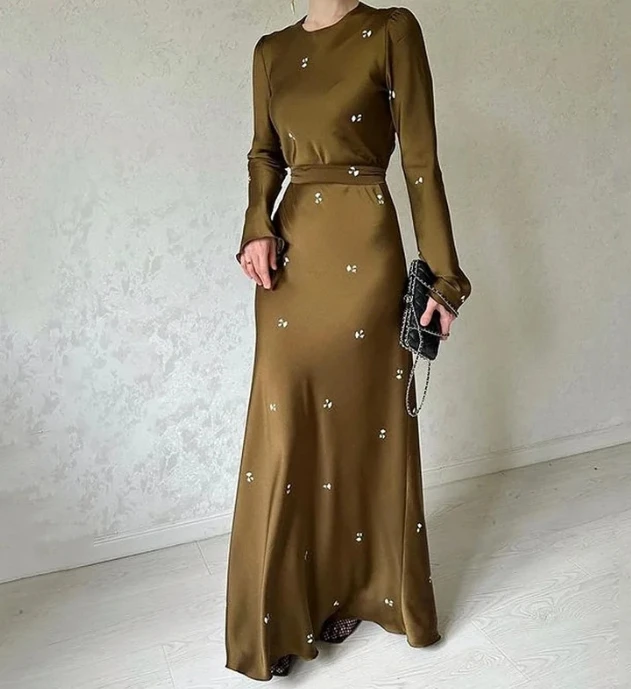 

Elegant Women's Dresses 2023 Winter New Fashion Round Neck Fragmented Flower Long Sleeved Belt Slimming Wrap Hip Tight Dress